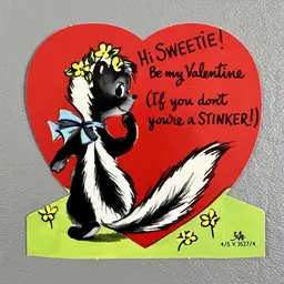 Vintage Die Cut Valentine Card Skunk Flowers Hi Sweetie Be My You're A Stinker 3.5"