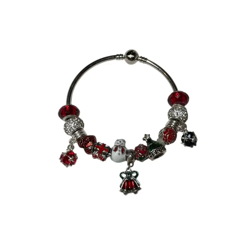 Silver Christmas Charm Bracelet With .925 And Costume Silvertone Beads - Snowflake, Rose, Christmas Tree, Holly, Bells, Snowman, Present, Heart, And More