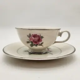Ancestral Manor Rose Tea Cup and Saucer Fine Translucent China Platinum USA