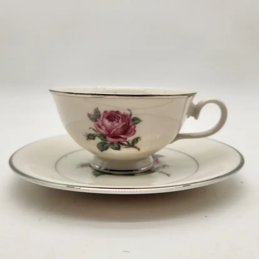 Ancestral Manor Rose Tea Cup and Saucer Fine Translucent China Platinum USA