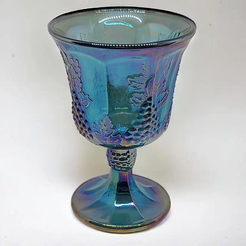 Indiana Glass Blue Harvest Grape 1 Water Wine Goblet Iridescent Carnival Glass