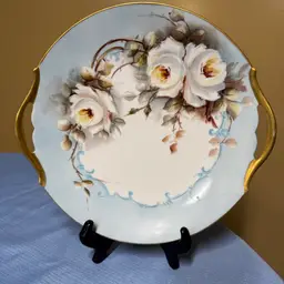 T & V Limoges France Cake Plate Hand-Painted Florals & Gold Handles 11”