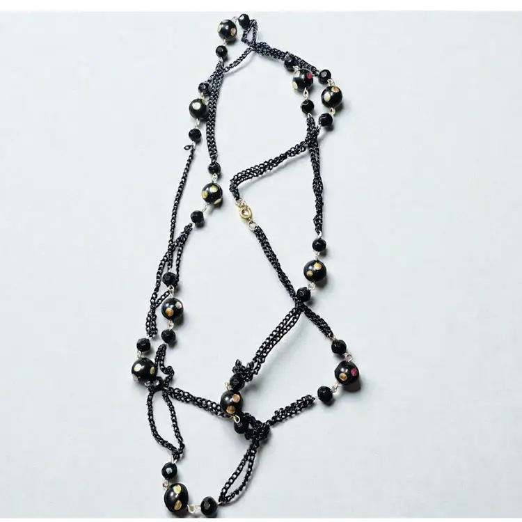 Vintage Black & Gold Enamel Chain & Bead Necklace - 54” Flapper Length - Clean & Very Good Condition