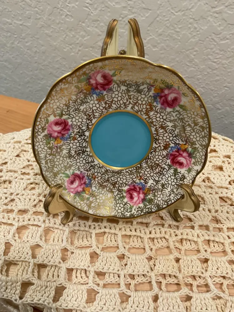 Gold Chintz With Roses On Blue Saucer 4.5” Dia