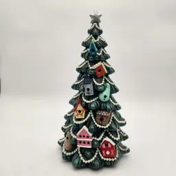 Handpainted Ceramic Christmas Tree Birdhouses White Pearls Vintage Holiday Decor