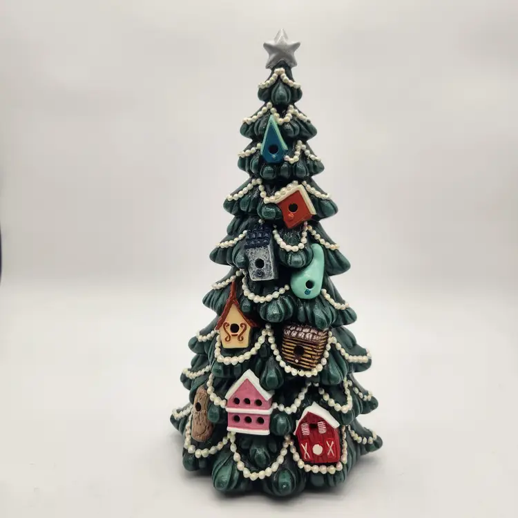 Handpainted Ceramic Christmas Tree Birdhouses White Pearls Vintage Holiday Decor