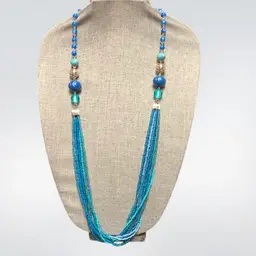 Beautiful Blue And Turquoise Color Multi-strand Seed Bead Necklace With Coordinating Color Beads Silver Tone Lobster Clasp