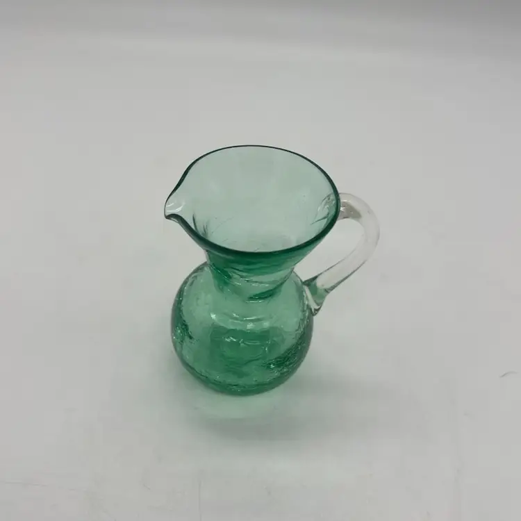 Vintage Green Crackle Glass Pitcher Vase Mini 3.5” Clear Handle