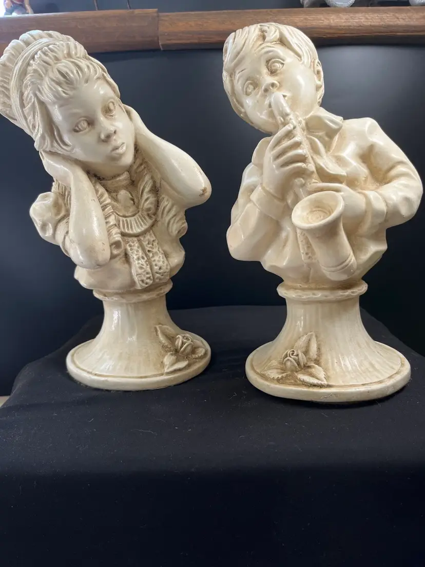 U. Kendrick-1971-Universal Statuary Corp, #136B. Boy Playing Sax & Girl Covering Her Ears, Piano Babies-Lot 35