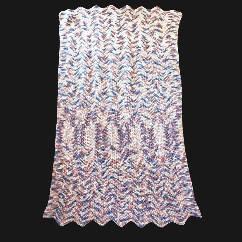 Granny Afghan Throw Blanket Crochet Knitted 34.5” X 53” Zigzag (?) Vintage