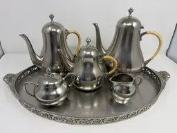 #01 7 Piece Vintage Royal Holland Pewter and Metawa Pewter Coffee and Tea Service