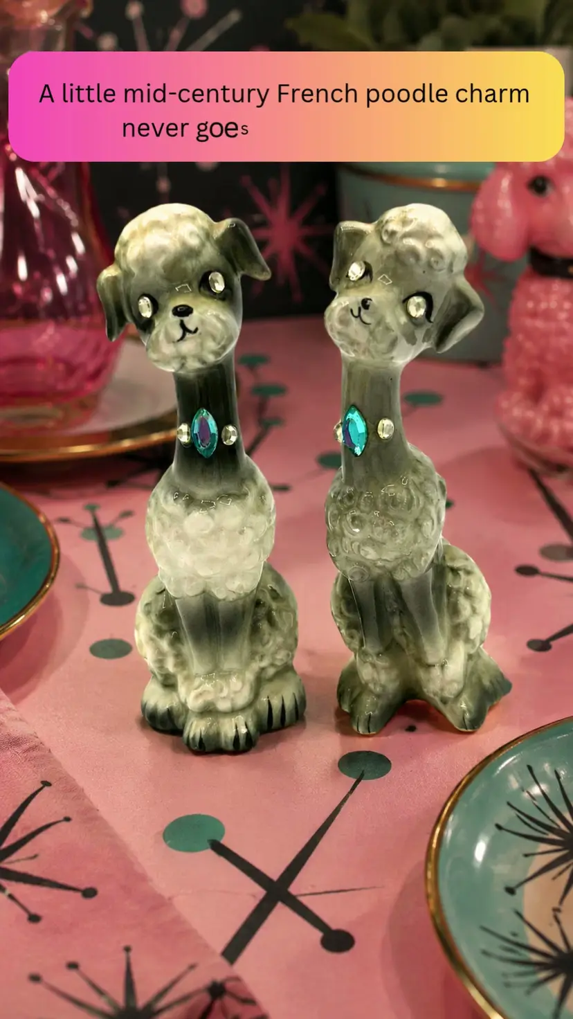 Vintage Enesco French Poodle Salt Pepper Shakers Japan Ceramic Dogs Rhinestone Accents