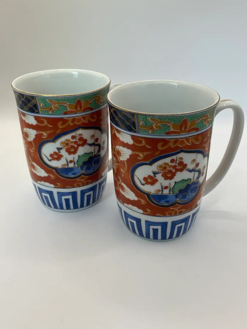 Beautiful 2 Vintage Imari by Takahashi Porcelain Coffee Mugs 4 1/8"
