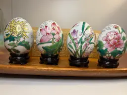 Vintage Lot of Four Asian Porcelain Hand Painted Eggs With Stands