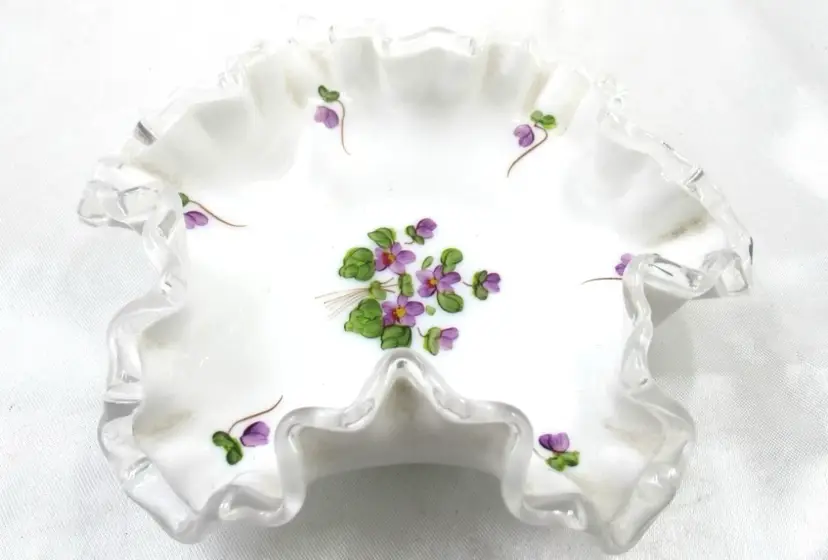 Fenton Violets in the Snow Silver Crest Candy Dish 6”x 2”