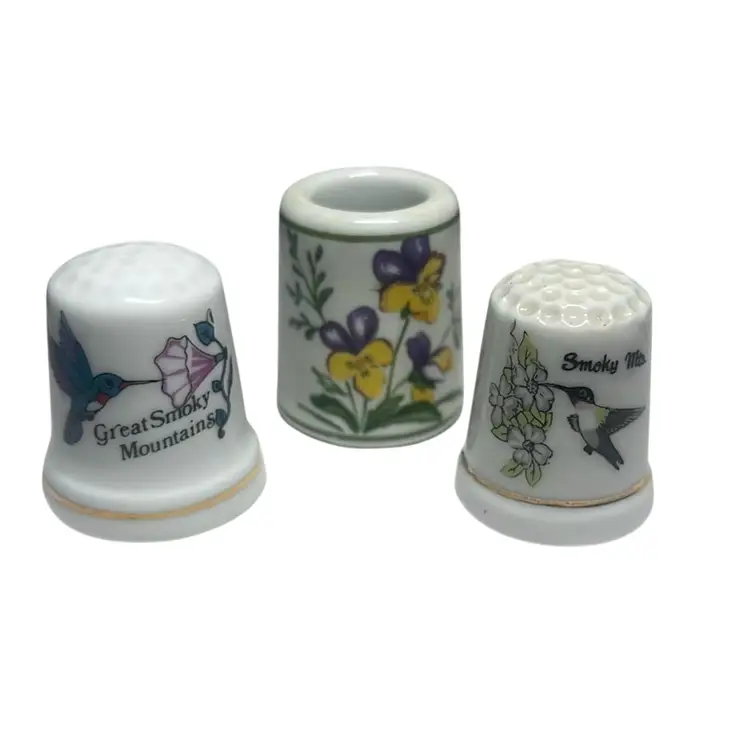 3 Vintage Thimbles 2 With Humming Birds & Flower From Smokey Mtns. One Floral Like Pin Holder - Made In Germany.