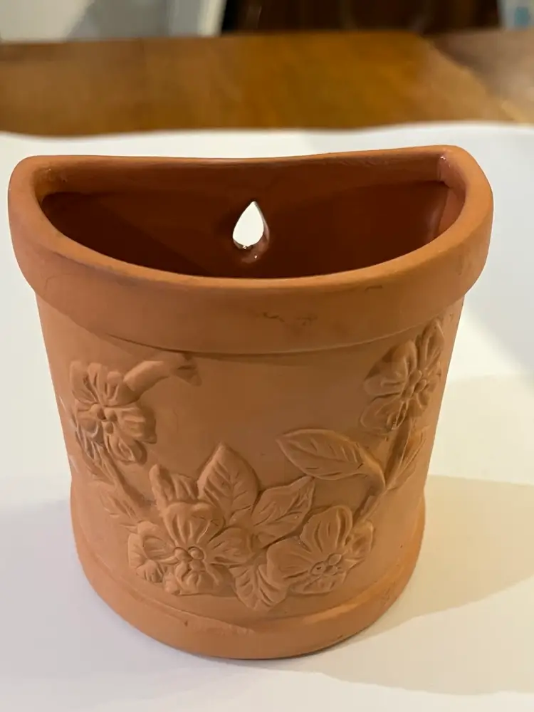 Terra-cotta Wall Pocket- Floral Relief-3.5” Tall- 2.25” Deep, 3.5” Wide