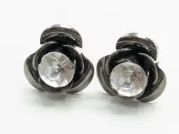 Rose Earrings with Crystal Centers Gun Metal Grey Tone