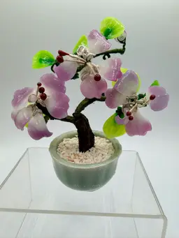 VTG Chinese Jade Glass Leaves Pink Cherry Flowers Bonsai Tree Green Celadon Pot 5” Tall