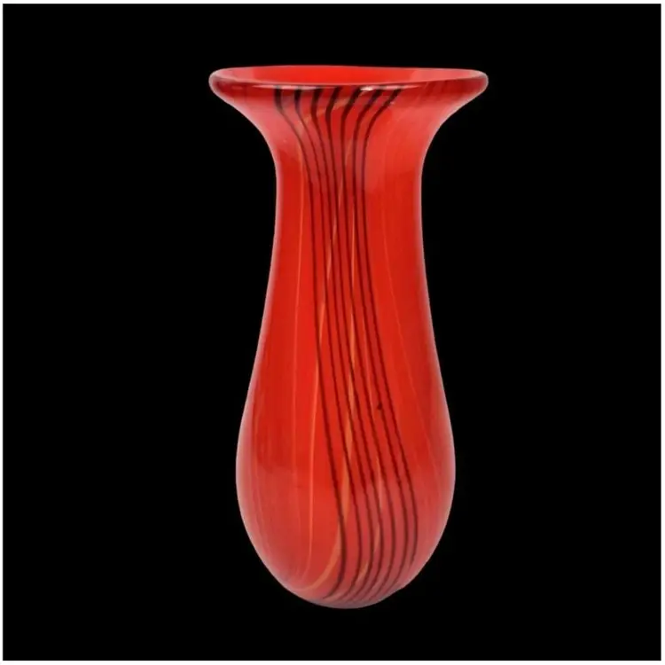 Vintage Art Glass Vase Red Orange & Black Stripe Swirl Design 10" Hand Blown