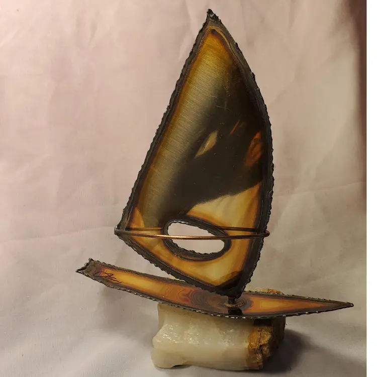 Nautical Art Copper Brass Stone Sculpture Signed Mario Jason Sailboat