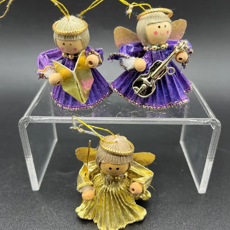 Mini Purple & Gold Angel Ornaments 2” VTG Made In Taiwan Craft Supplies