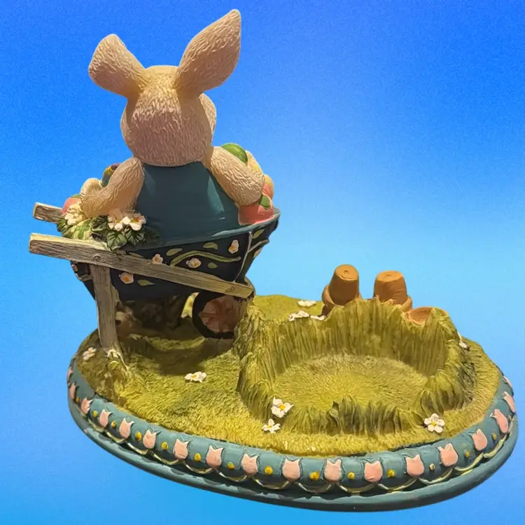 Resin Easter Bunny Votive Holder Wheelbarrow & Flower Pots