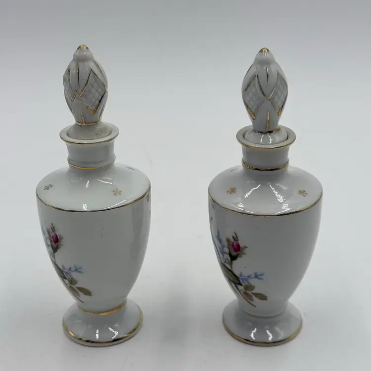 Moss Rose Floral Two Vintage Porcelain Vanity Perfume Bottles With Stoppers.