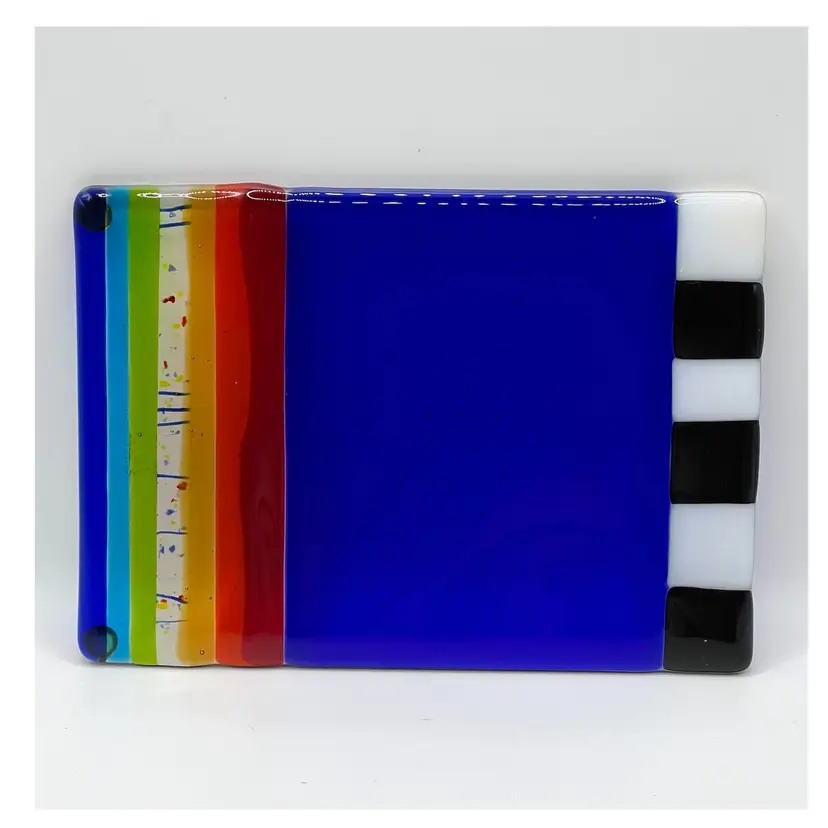 Fused Art Glass Bright Colorful Cobalt Blue Cheese Board Trinket Tray Rectangle Serving Plate