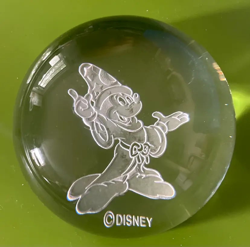 Disney Paperweight Etched. Mickey Sorcerer Fantasia
3 1/2 At Base Vintage.