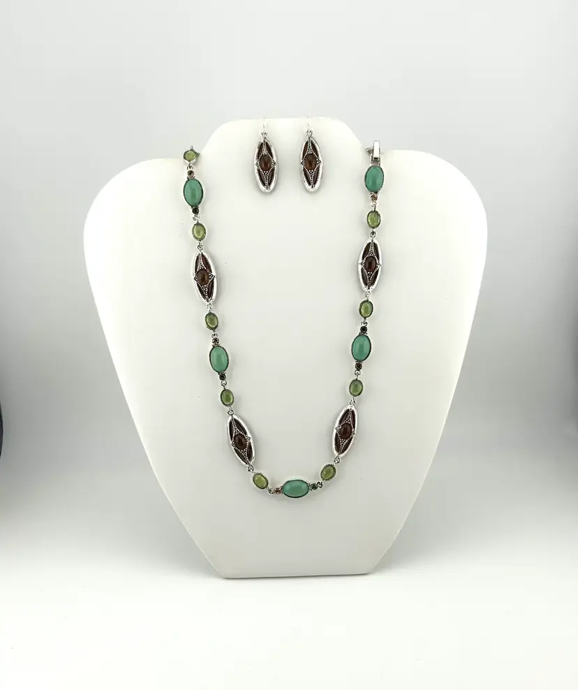 Signed Monet Silver Tone and Glass Necklace and Pierced Earrings Set