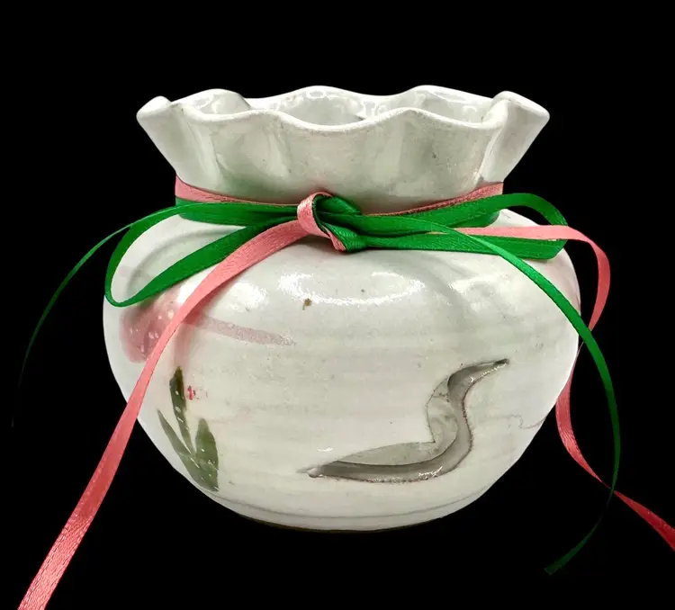 Signed Pottery Candle Holder Luminary Potpourri Pot  Flower Bird Duck Loon 3”