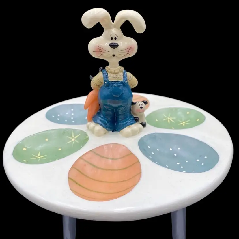 Whimsical Bunny with little Cat Easter Egg Holder, Crazy Mountain Designs, Resin