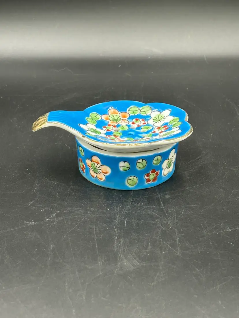 Vintage Porcelain Chintz Floral Bouquet Tea Strainer With Matching Under Bowl