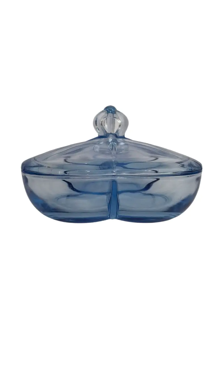 New Martinsville Glass Blue Clover Covered Candy Dish • 3 Part Divided Mid Century Modern Glass Lidded Server • Blue Relish Dish