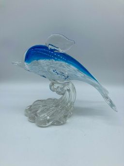 Blue Art Glass Dolphin on Clear Wave of Water