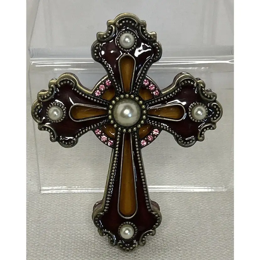 Decorated Pearlized Enamel Cross Trinket Box ~ Burgundy Pink & Yellow