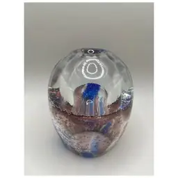 #03 - Vintage Handmade Clear Glass Egg Pen Holder Paperweight ~ Handmade In Poland ~ Blue, Pink, Purple ~ Measures 3.5 inches tall