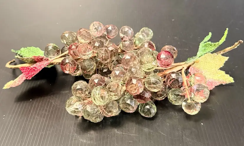VTG Acrylic Faceted Lucite Pink Yellow Berries Grapes Cluster w/ Leaves