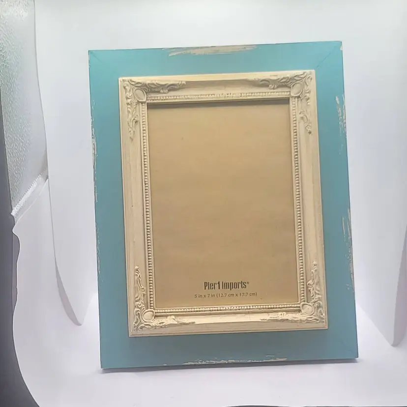 Vintage Pier 1 Imports Distressed Blue & Cream Photo Frame Hold 5x7 picture