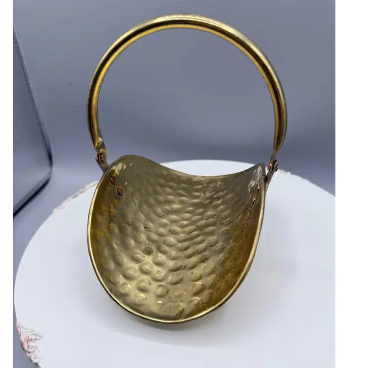 Shiny Footed Small Hammered Brass Basket/Match Holder With Handle 6 3/8” x  4”