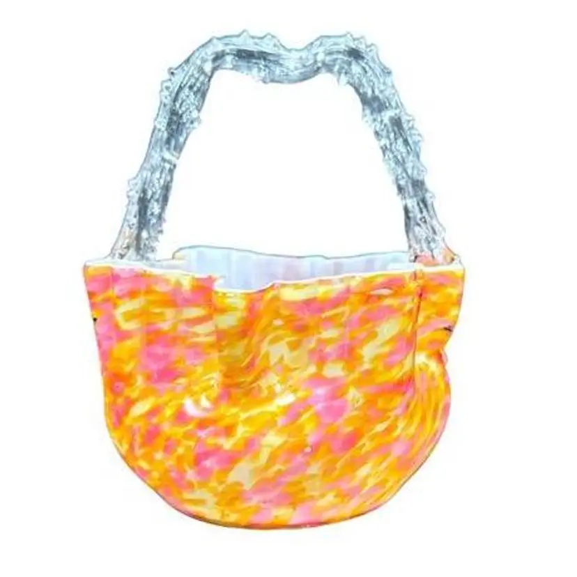Franz Welz Bohemian Pink Orange Yellow Spatter Interior White Cased Glass Basket