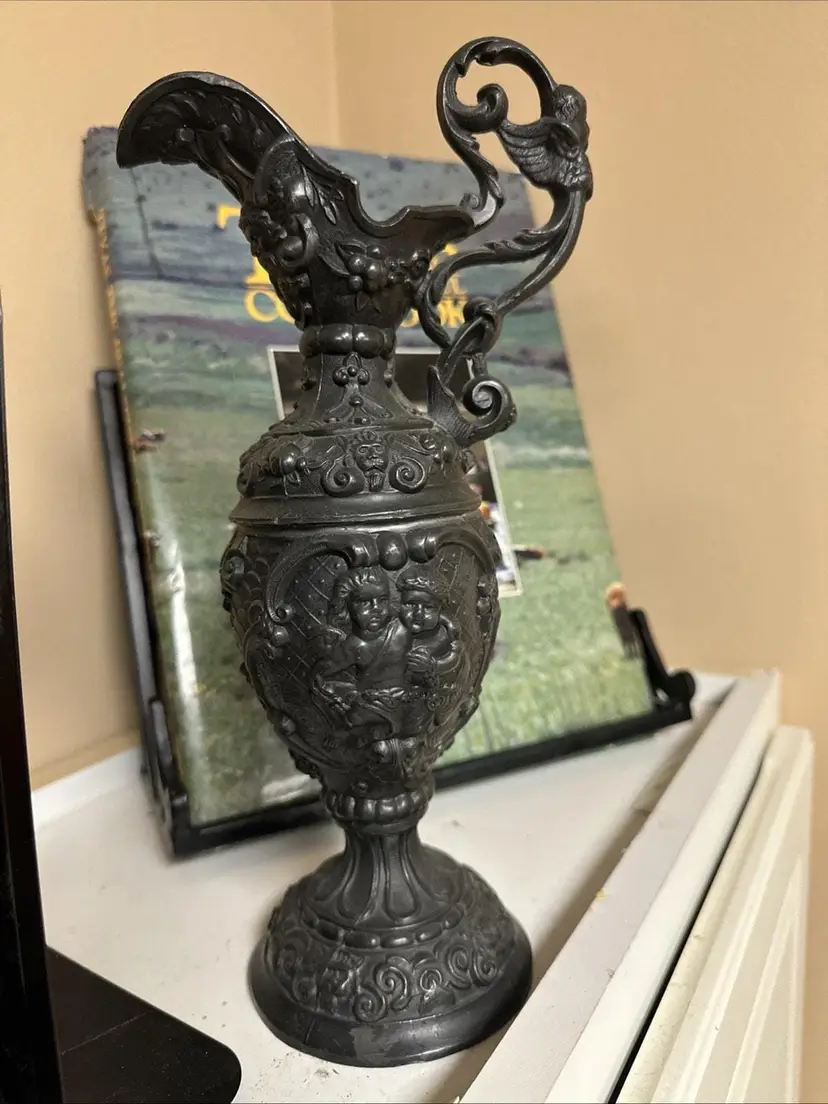 Victorian Metal Pitcher, French Cherub Motif, Repoussé (Vintage Decor)