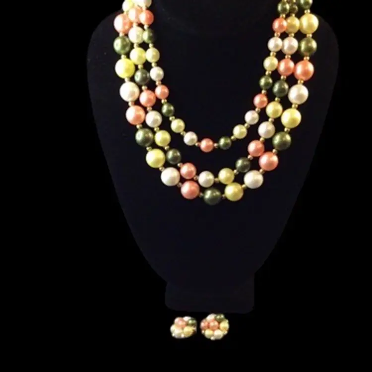 Multicolor, vintage, Luster Faux pearl Neclace and matching Clip Ons