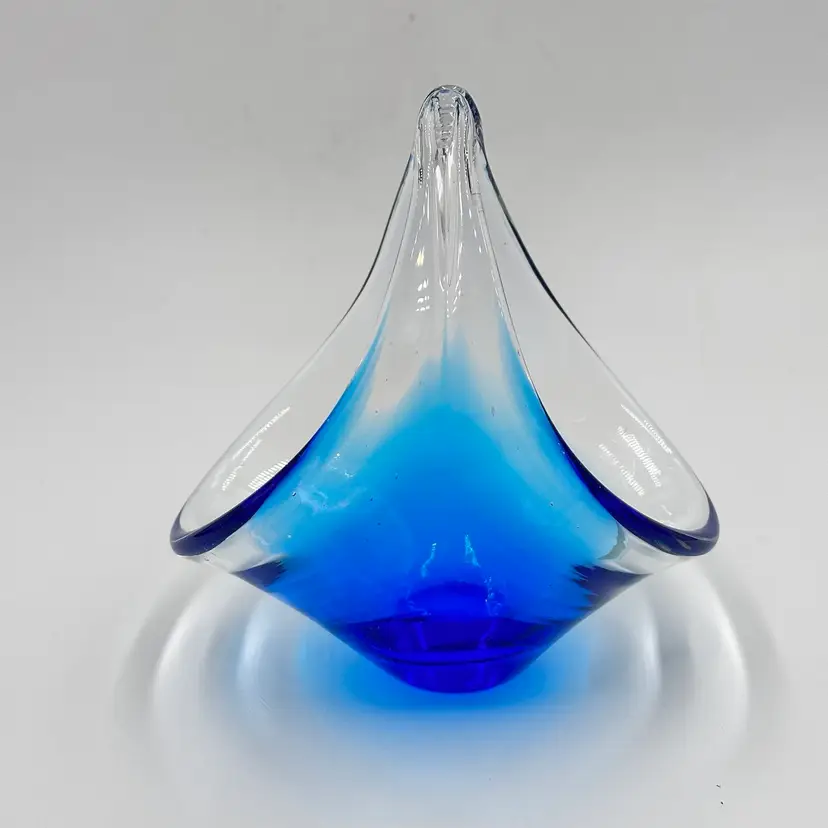 Art Glass Cobalt Blue Clear Italian Folded Kerchief Folded Bowl Dish Basket