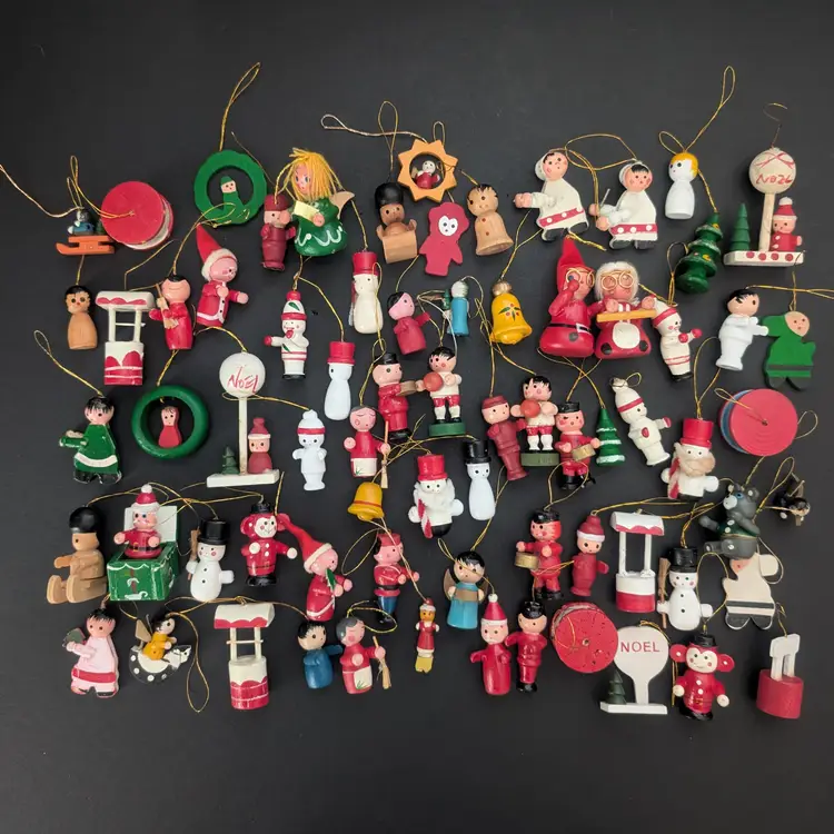 Vintage Wooden Christmas Ornaments Lot Of 60+ Snowmen Santas Trees Angels