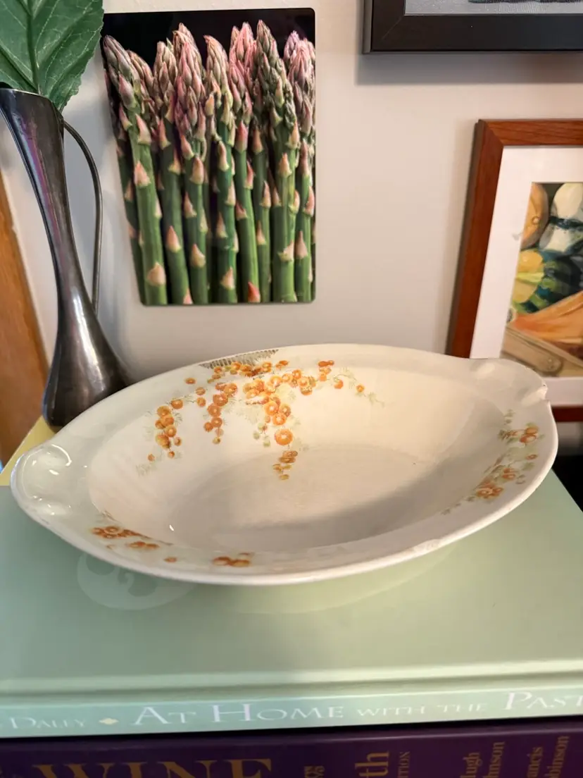 1940s Taylor Smith Taylor Orange Snowball Flower Oval Serving/Vegetable Bowl