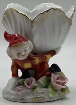 Rare Vintage Japan Pixie Elf Planter Dish Floral Shell Kitschy Figurine Fantasy