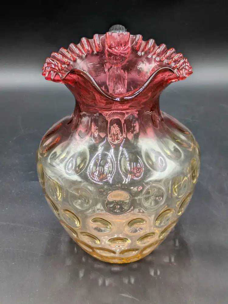 Antique ruffle edge blown glass 8" pitcher amberina