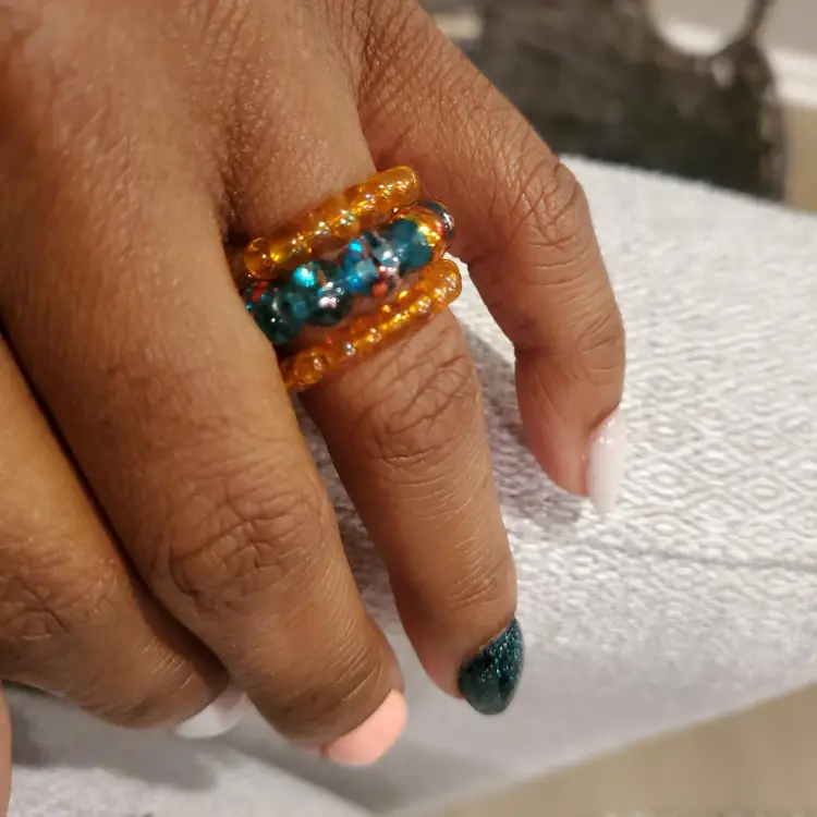 Seed Bead Flexible Ring Set Emerald Goddess